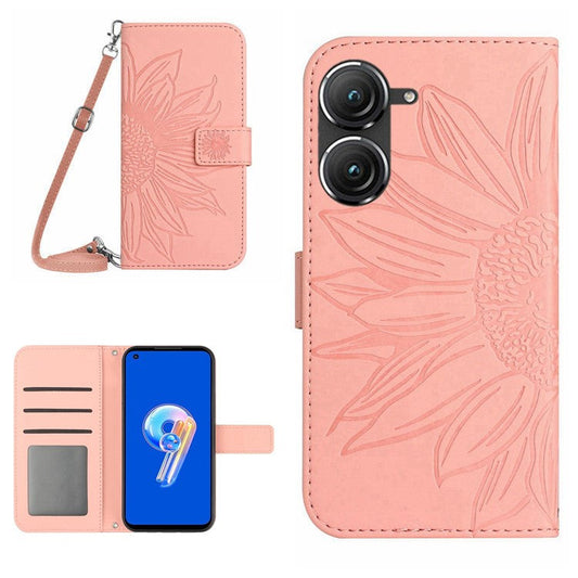 For Asus Zenfone 9 5G HT04 Sunflower Imprinted Phone Case Skin-touch Anti-scratch PU Leather Wallet Stand Cover with Shoulder Strap - Light Pink