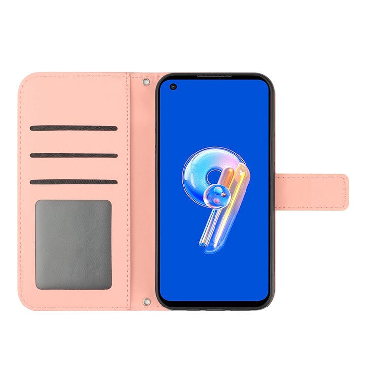 For Asus Zenfone 9 5G HT04 Sunflower Imprinted Phone Case Skin-touch Anti-scratch PU Leather Wallet Stand Cover with Shoulder Strap - Light Pink