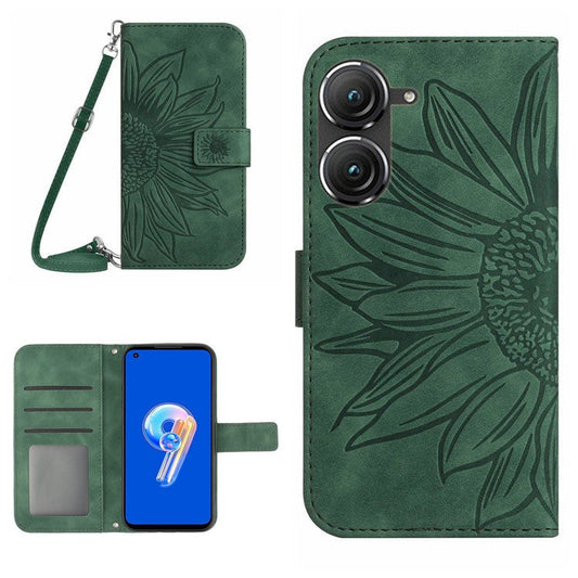 For Asus Zenfone 9 5G HT04 Sunflower Imprinted Phone Case Skin-touch Anti-scratch PU Leather Wallet Stand Cover with Shoulder Strap - Dark Green