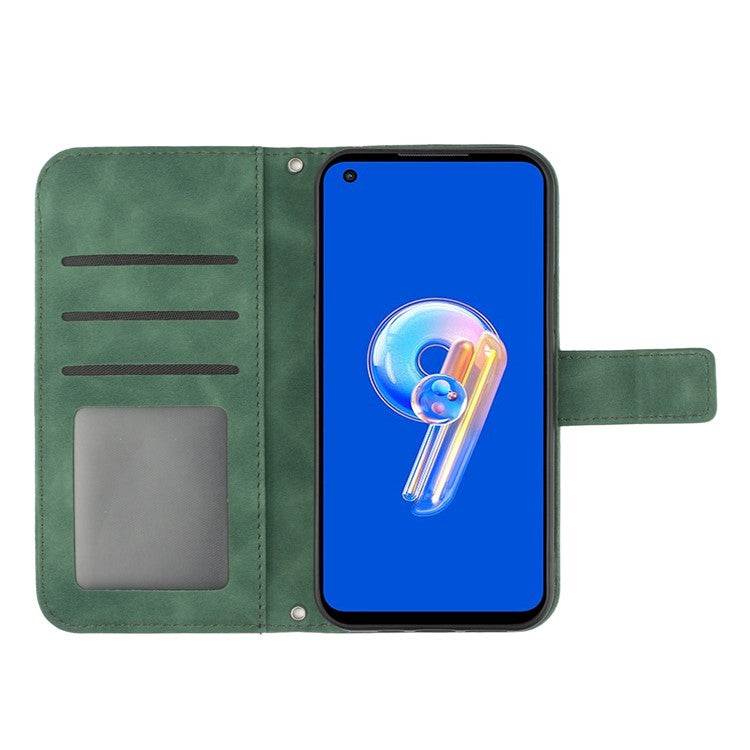 For Asus Zenfone 9 5G HT04 Sunflower Imprinted Phone Case Skin-touch Anti-scratch PU Leather Wallet Stand Cover with Shoulder Strap - Dark Green