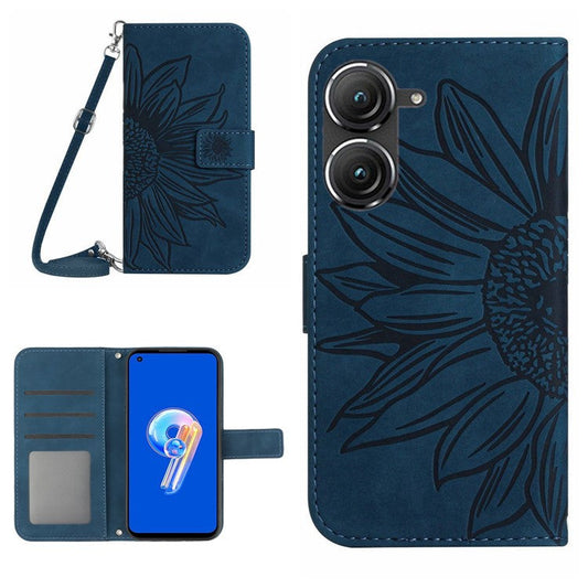 For Asus Zenfone 9 5G HT04 Sunflower Imprinted Phone Case Skin-touch Anti-scratch PU Leather Wallet Stand Cover with Shoulder Strap - Dark Blue