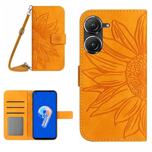 For Asus Zenfone 9 5G HT04 Sunflower Imprinted Phone Case Skin-touch Anti-scratch PU Leather Wallet Stand Cover with Shoulder Strap - Yellow