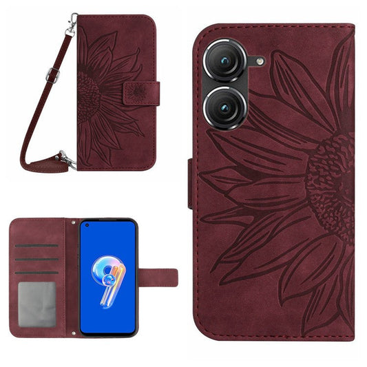 For Asus Zenfone 9 5G HT04 Sunflower Imprinted Phone Case Skin-touch Anti-scratch PU Leather Wallet Stand Cover with Shoulder Strap - Wine Red