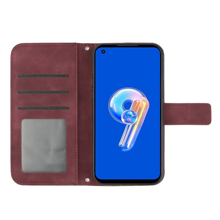For Asus Zenfone 9 5G HT04 Sunflower Imprinted Phone Case Skin-touch Anti-scratch PU Leather Wallet Stand Cover with Shoulder Strap - Wine Red