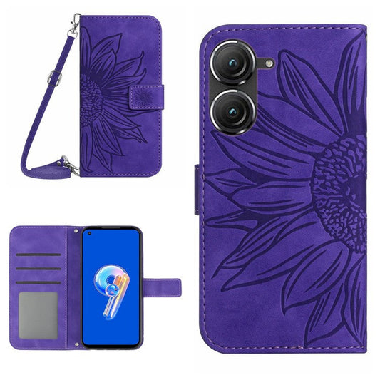 For Asus Zenfone 9 5G HT04 Sunflower Imprinted Phone Case Skin-touch Anti-scratch PU Leather Wallet Stand Cover with Shoulder Strap - Dark Purple