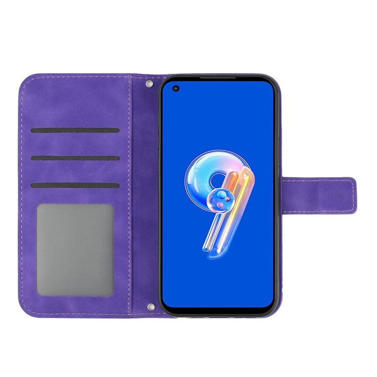 For Asus Zenfone 9 5G HT04 Sunflower Imprinted Phone Case Skin-touch Anti-scratch PU Leather Wallet Stand Cover with Shoulder Strap - Dark Purple