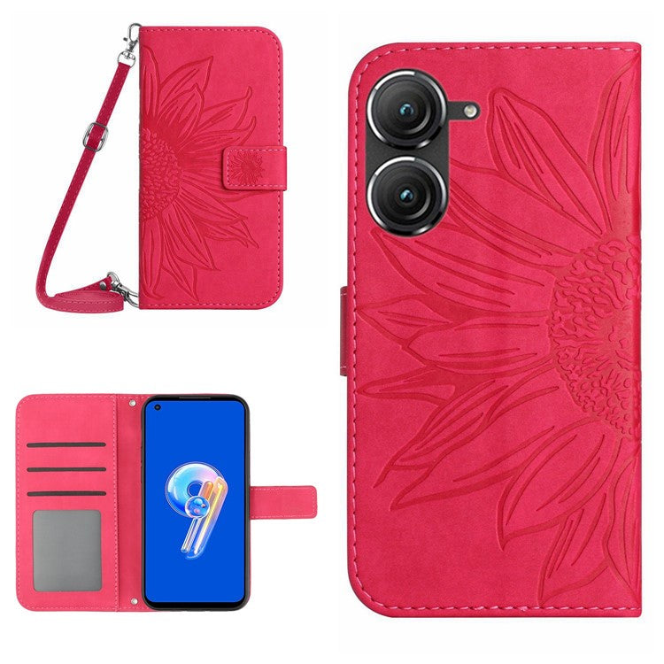 For Asus Zenfone 9 5G HT04 Sunflower Imprinted Phone Case Skin-touch Anti-scratch PU Leather Wallet Stand Cover with Shoulder Strap - Rose