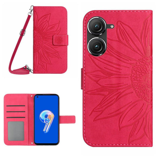 For Asus Zenfone 9 5G HT04 Sunflower Imprinted Phone Case Skin-touch Anti-scratch PU Leather Wallet Stand Cover with Shoulder Strap - Rose