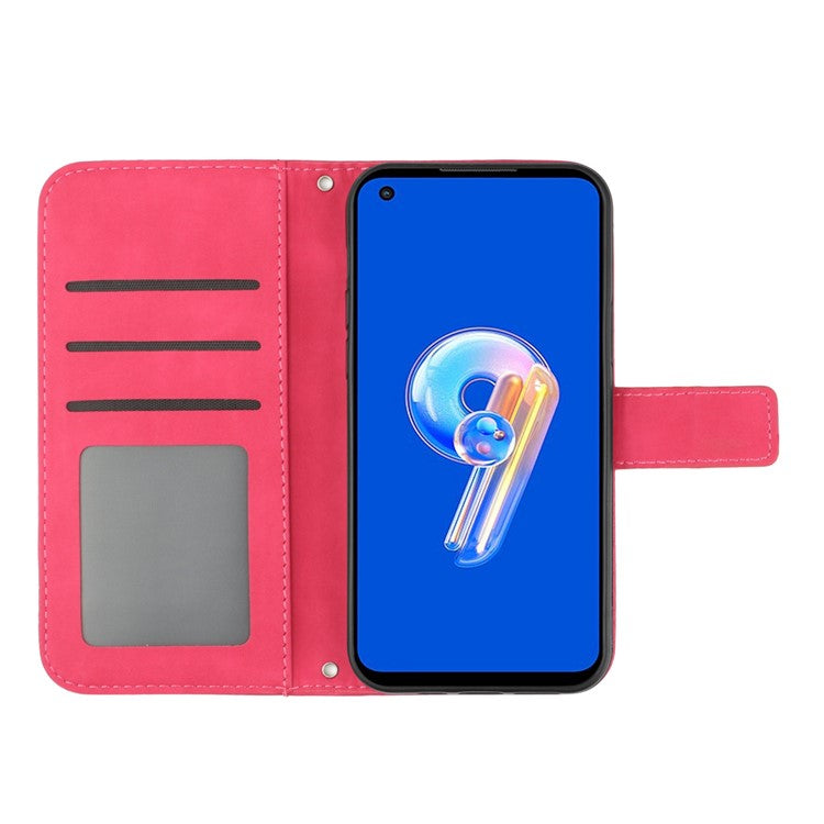 For Asus Zenfone 9 5G HT04 Sunflower Imprinted Phone Case Skin-touch Anti-scratch PU Leather Wallet Stand Cover with Shoulder Strap - Rose