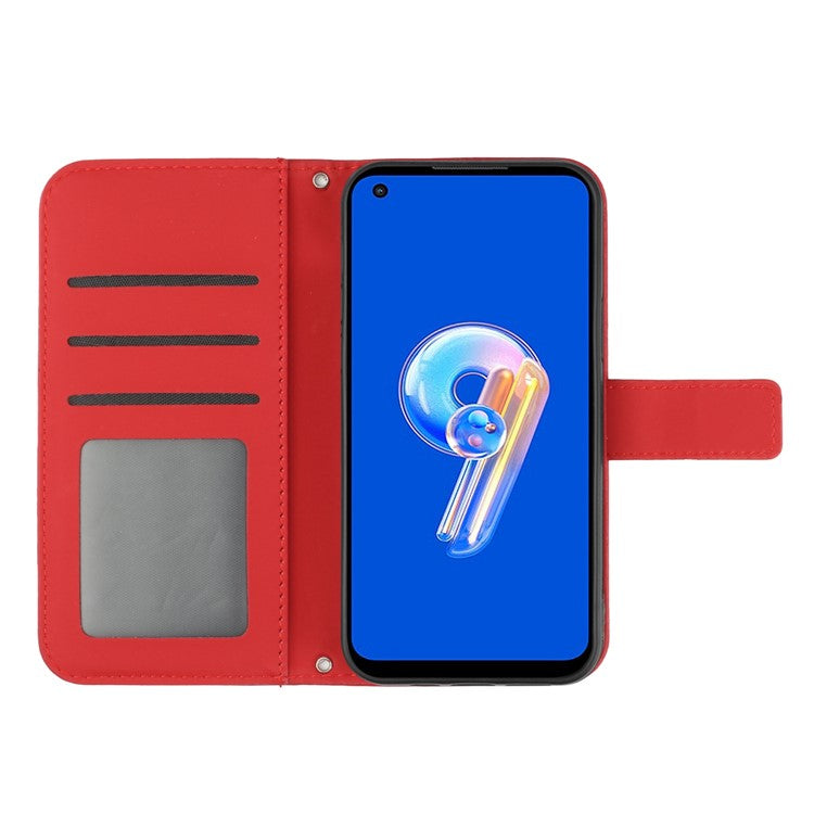 For Asus Zenfone 9 5G HT04 Sunflower Imprinted Phone Case Skin-touch Anti-scratch PU Leather Wallet Stand Cover with Shoulder Strap - Red