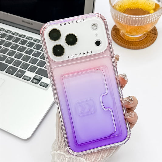 For iPhone 17 Pro Max Case Card Holder Gradient Color PC + TPU Anti Drop Phone Back Cover with Lens Film - Pink / Purple