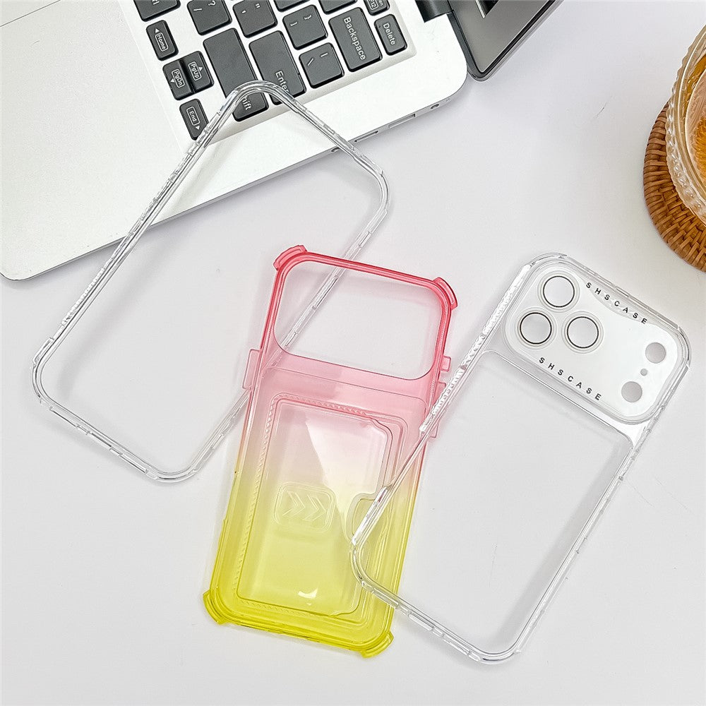 For iPhone 17 Pro Max Case Card Holder Gradient Color PC + TPU Anti Drop Phone Back Cover with Lens Film - Pink / Purple
