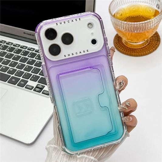 For iPhone 17 Pro Max Case Card Holder Gradient Color PC + TPU Anti Drop Phone Back Cover with Lens Film - Purple / Sky Blue