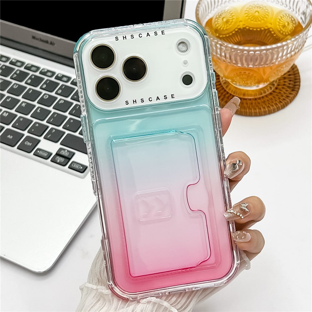 For iPhone 17 Pro Max Case Card Holder Gradient Color PC + TPU Anti Drop Phone Back Cover with Lens Film - Sky Blue / Pink