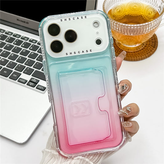 For iPhone 17 Pro Max Case Card Holder Gradient Color PC + TPU Anti Drop Phone Back Cover with Lens Film - Sky Blue / Pink