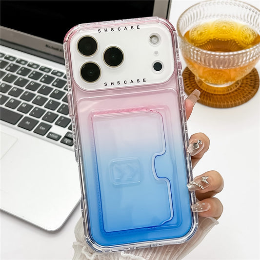 For iPhone 17 Pro Max Case Card Holder Gradient Color PC + TPU Anti Drop Phone Back Cover with Lens Film - Pink / Blue