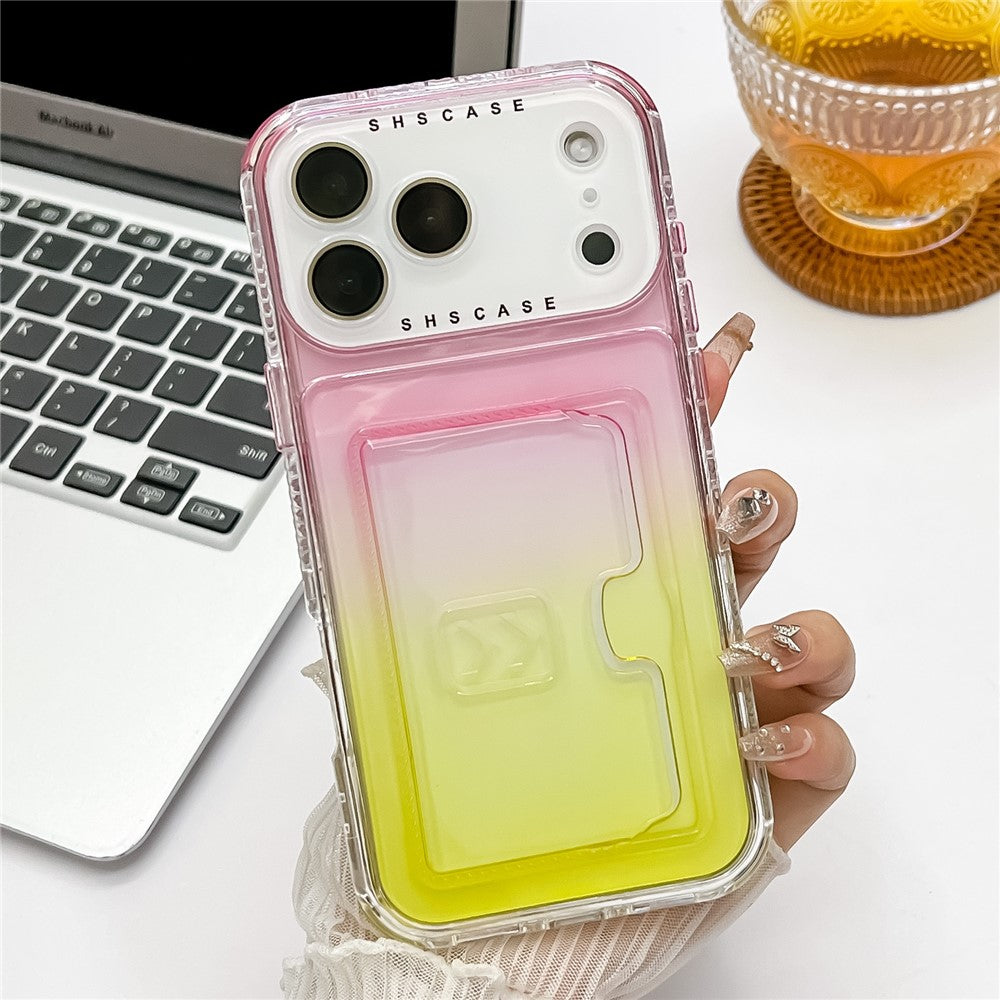 For iPhone 17 Pro Max Case Card Holder Gradient Color PC + TPU Anti Drop Phone Back Cover with Lens Film - Pink / Yellow