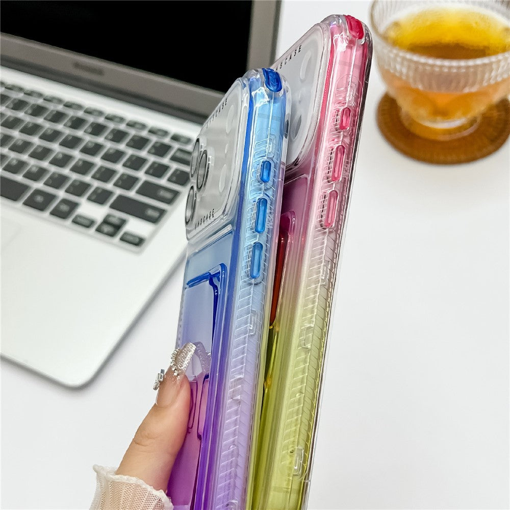 For iPhone 17 Pro Max Case Card Holder Gradient Color PC + TPU Anti Drop Phone Back Cover with Lens Film - Pink / Yellow