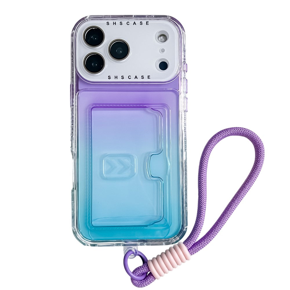 For iPhone 17 Pro Max Case Card Holder Gradient Color PC + TPU Phone Back Cover with Lens Film / Wrist Strap - Purple / Sky Blue