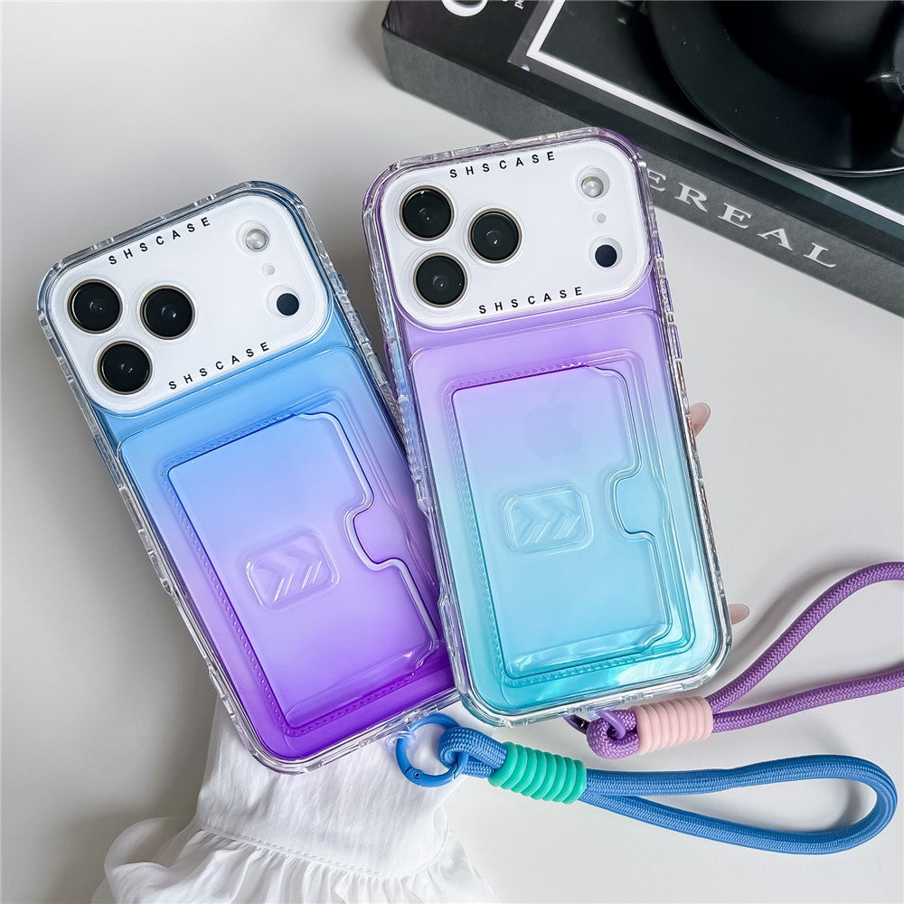 For iPhone 17 Pro Max Case Card Holder Gradient Color PC + TPU Phone Back Cover with Lens Film / Wrist Strap - Purple / Sky Blue