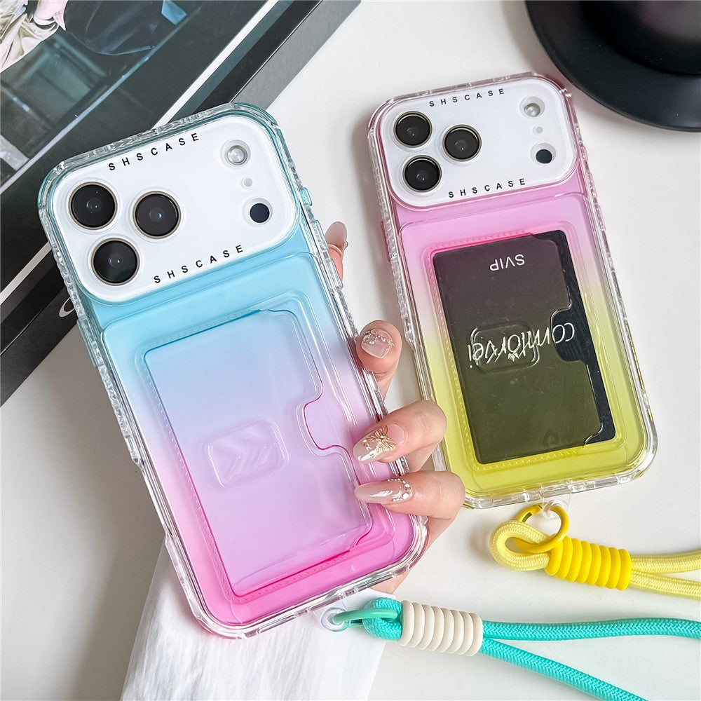 For iPhone 17 Pro Max Case Card Holder Gradient Color PC + TPU Phone Back Cover with Lens Film / Wrist Strap - Pink / Yellow