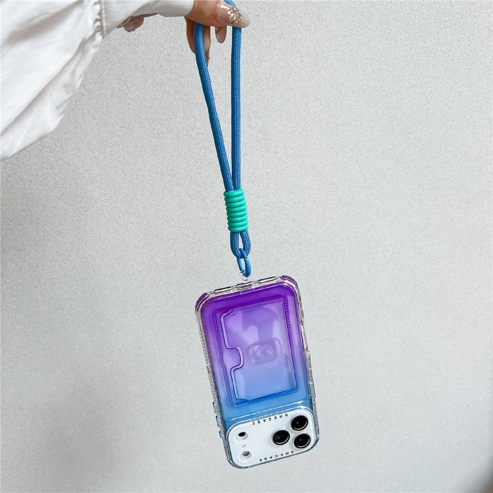 For iPhone 17 Pro Max Case Card Holder Gradient Color PC + TPU Phone Back Cover with Lens Film / Wrist Strap - Pink / Yellow