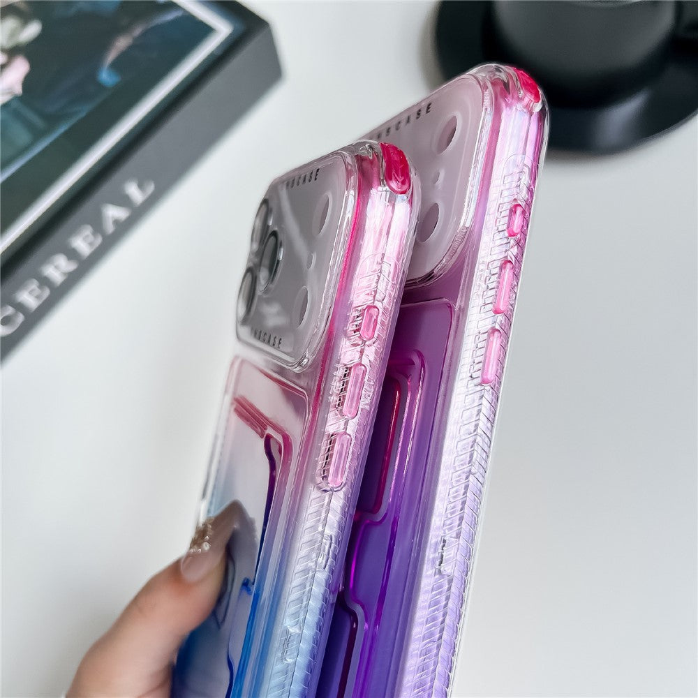 For iPhone 17 Pro Max Case Card Holder Gradient Color PC + TPU Phone Back Cover with Lens Film / Wrist Strap - Pink / Yellow