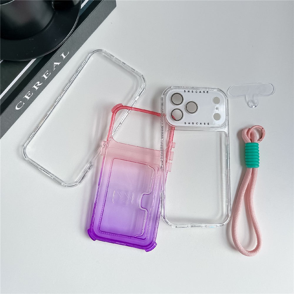 For iPhone 17 Pro Max Case Card Holder Gradient Color PC + TPU Phone Back Cover with Lens Film / Wrist Strap - Pink / Yellow