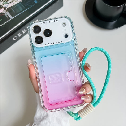 For iPhone 17 Pro Max Case Card Holder Gradient Color PC + TPU Phone Back Cover with Lens Film / Wrist Strap - Sky Blue / Pink