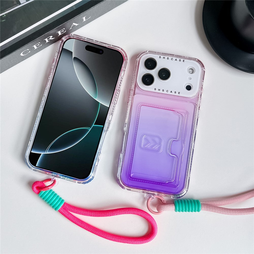 For iPhone 17 Pro Max Case Card Holder Gradient Color PC + TPU Phone Back Cover with Lens Film / Wrist Strap - Sky Blue / Pink
