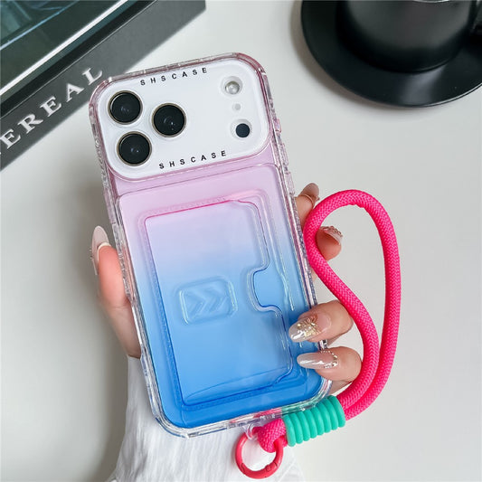 For iPhone 17 Pro Max Case Card Holder Gradient Color PC + TPU Phone Back Cover with Lens Film / Wrist Strap - Pink / Blue