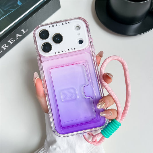 For iPhone 17 Pro Max Case Card Holder Gradient Color PC + TPU Phone Back Cover with Lens Film / Wrist Strap -  Pink / Purple