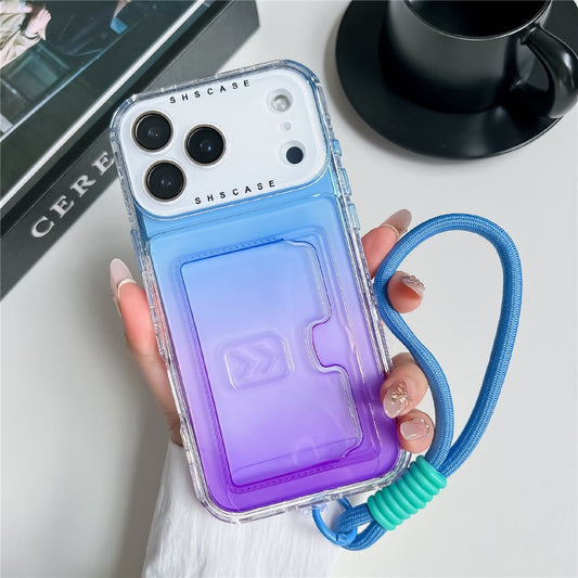 For iPhone 17 Pro Max Case Card Holder Gradient Color PC + TPU Phone Back Cover with Lens Film / Wrist Strap - Blue / Purple