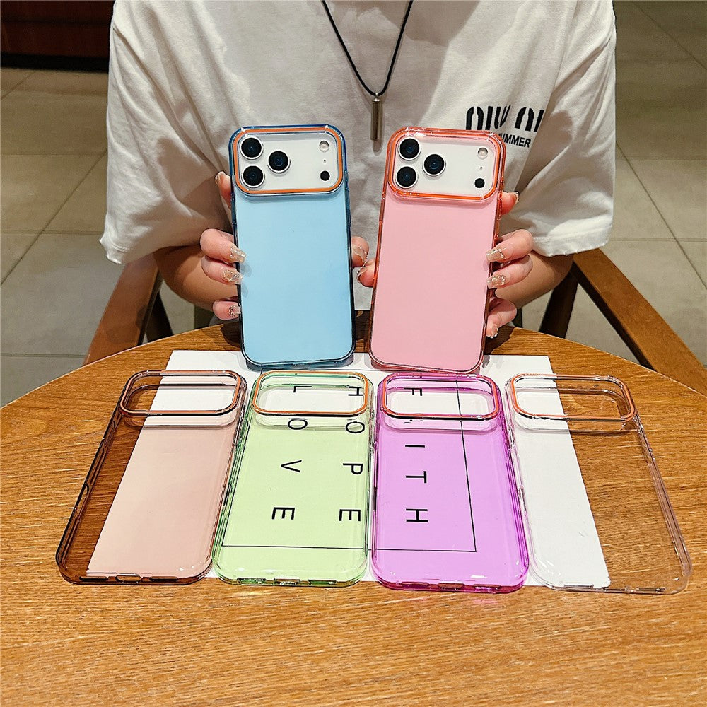 For iPhone 17 Pro Max Case TPU + PC Shockproof Phone Back Cover with Orange Camera Edge - Transparent Purple