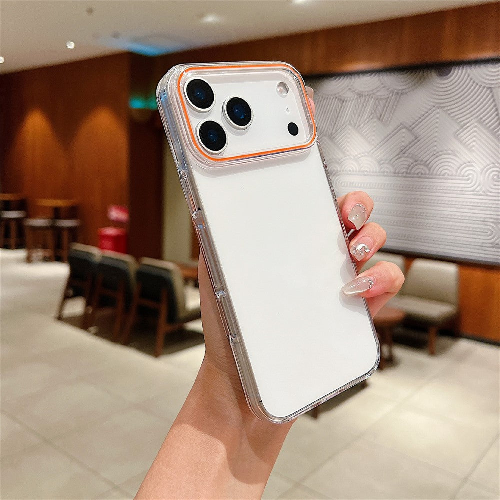 For iPhone 17 Pro Max Case TPU + PC Shockproof Phone Back Cover with Orange Camera Edge - Transparent White