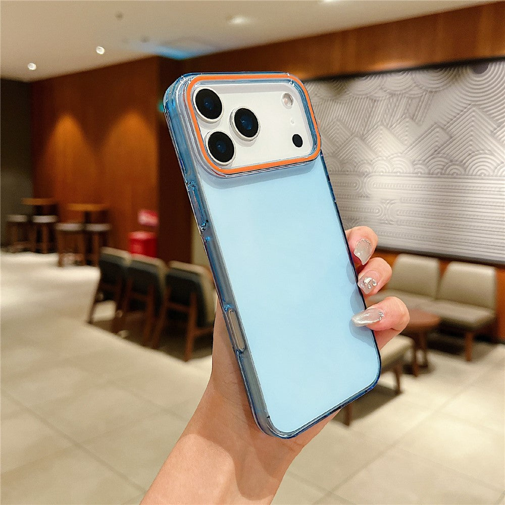 For iPhone 17 Pro Max Case TPU + PC Shockproof Phone Back Cover with Orange Camera Edge - Transparent Blue