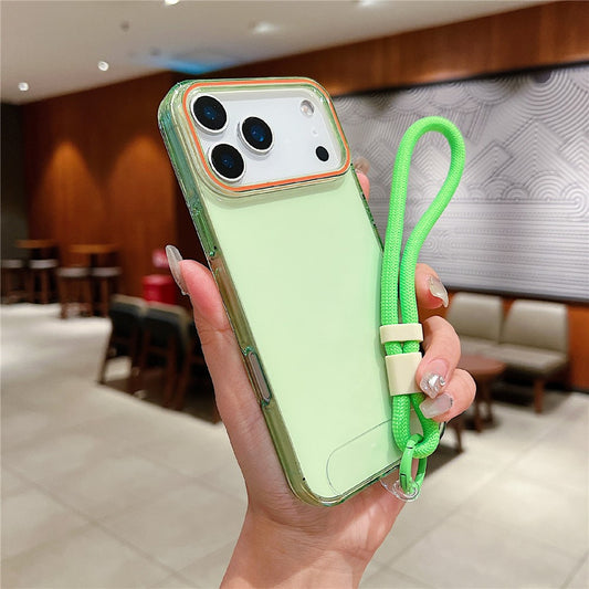 For iPhone 17 Pro Max Case with Wrist Strap / Orange Camera Edge TPU + PC Shockproof Phone Back Cover - Transparent Green