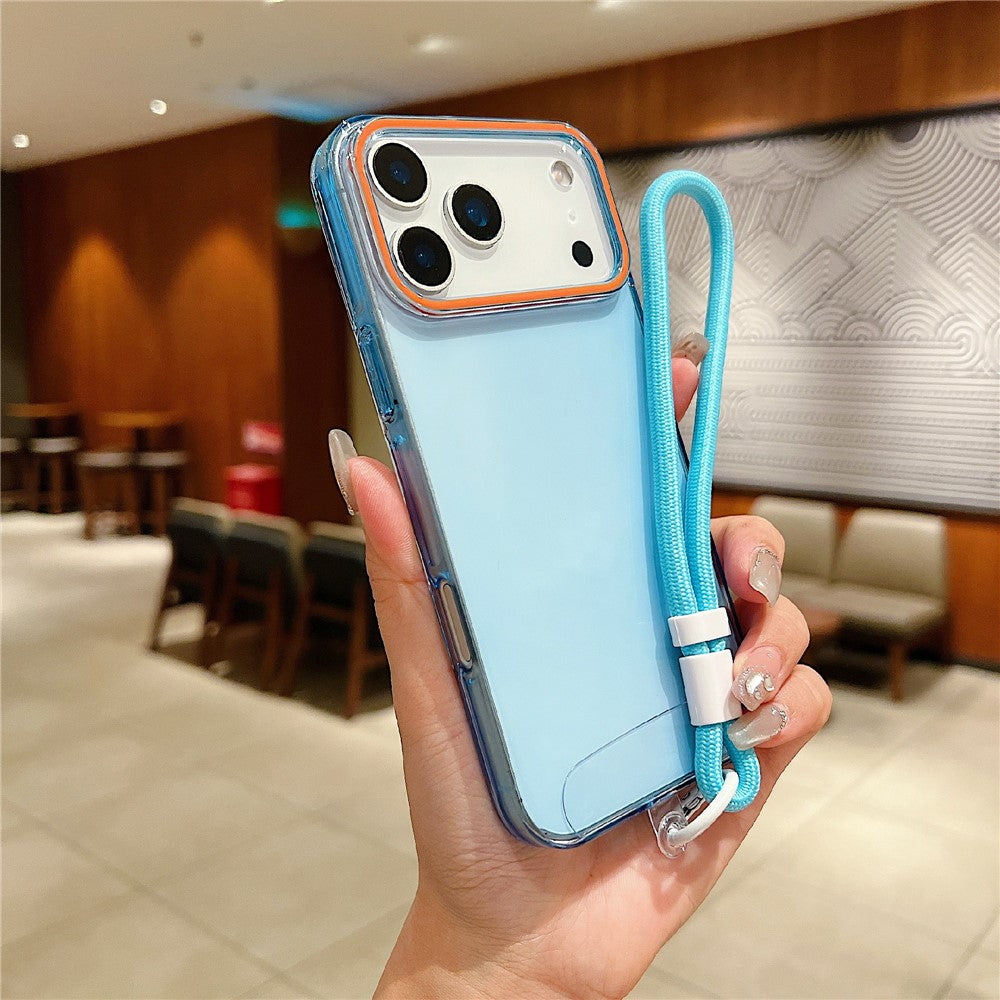 For iPhone 17 Pro Max Case with Wrist Strap / Orange Camera Edge TPU + PC Shockproof Phone Back Cover - Transparent Blue