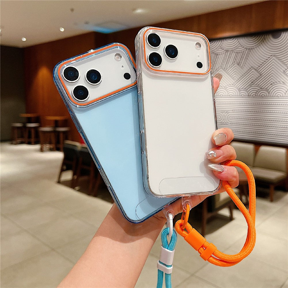 For iPhone 17 Pro Max Case with Wrist Strap / Orange Camera Edge TPU + PC Shockproof Phone Back Cover - Transparent Blue
