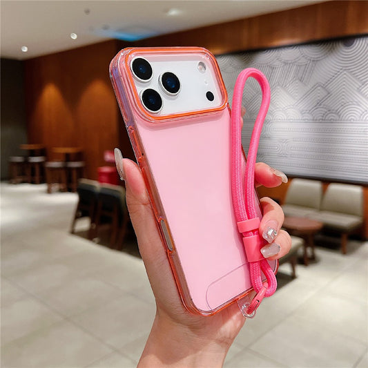 For iPhone 17 Pro Max Case with Wrist Strap / Orange Camera Edge TPU + PC Shockproof Phone Back Cover - Transparent Pink