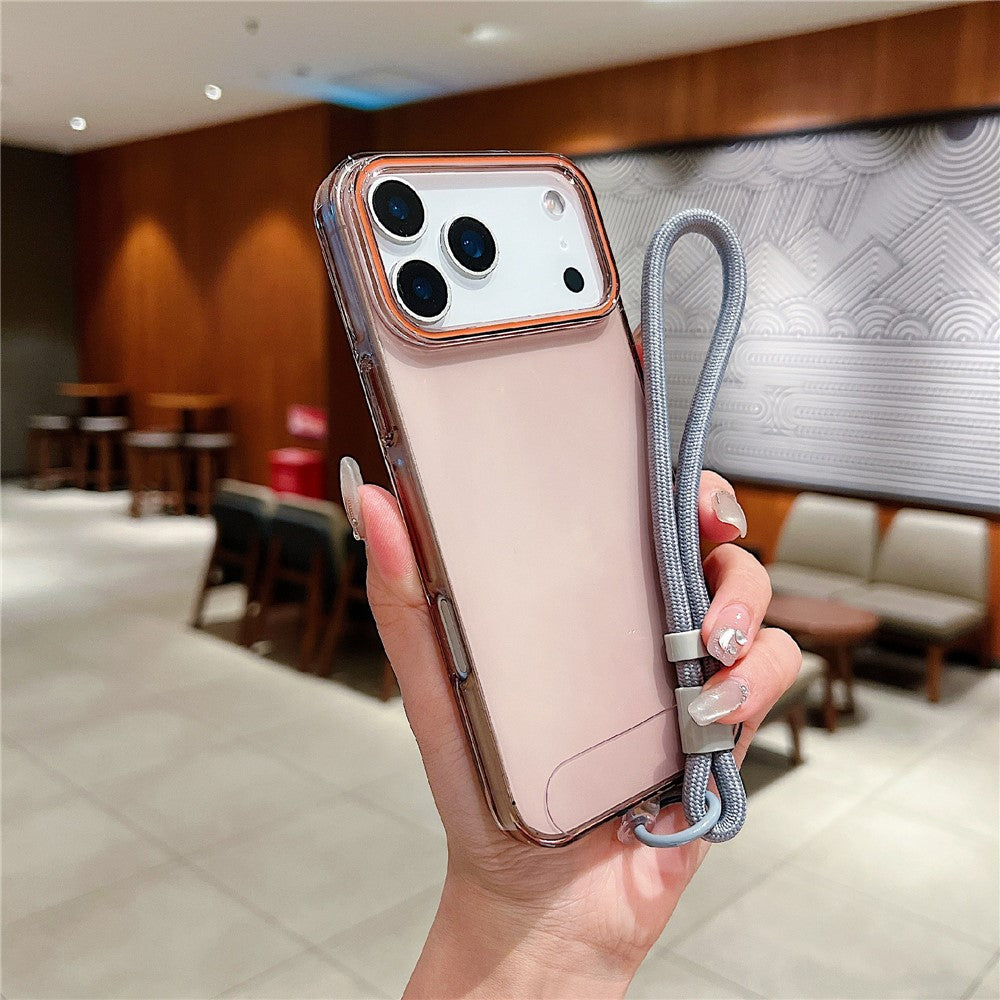 For iPhone 17 Pro Max Case with Wrist Strap / Orange Camera Edge TPU + PC Shockproof Phone Back Cover - Transparent Black
