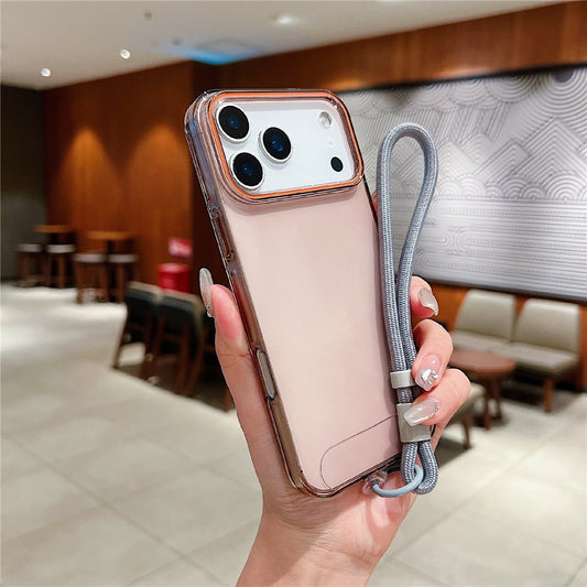 For iPhone 17 Pro Max Case with Wrist Strap / Orange Camera Edge TPU + PC Shockproof Phone Back Cover - Transparent Black