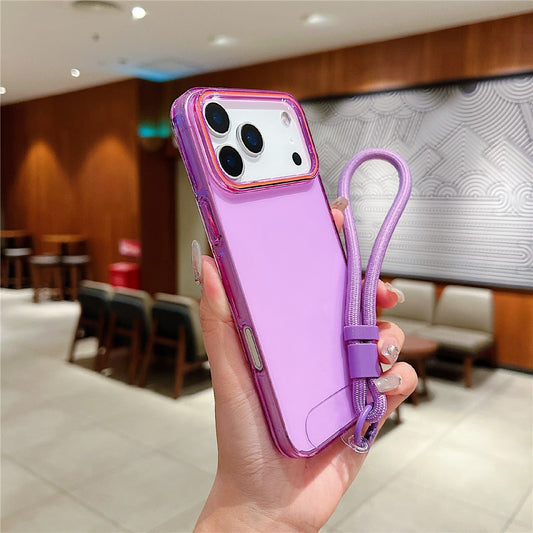 For iPhone 17 Pro Max Case with Wrist Strap / Orange Camera Edge TPU + PC Shockproof Phone Back Cover - Transparent Purple