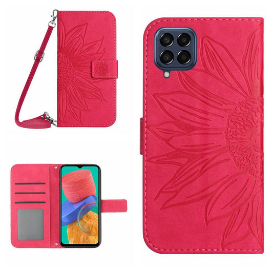 For Samsung Galaxy M33 5G (Global Version) HT04 Skin-touch Imprinted Sunflower Phone Cover with Shoulder Strap PU Leather Protective Case Stand Wallet  - Rose