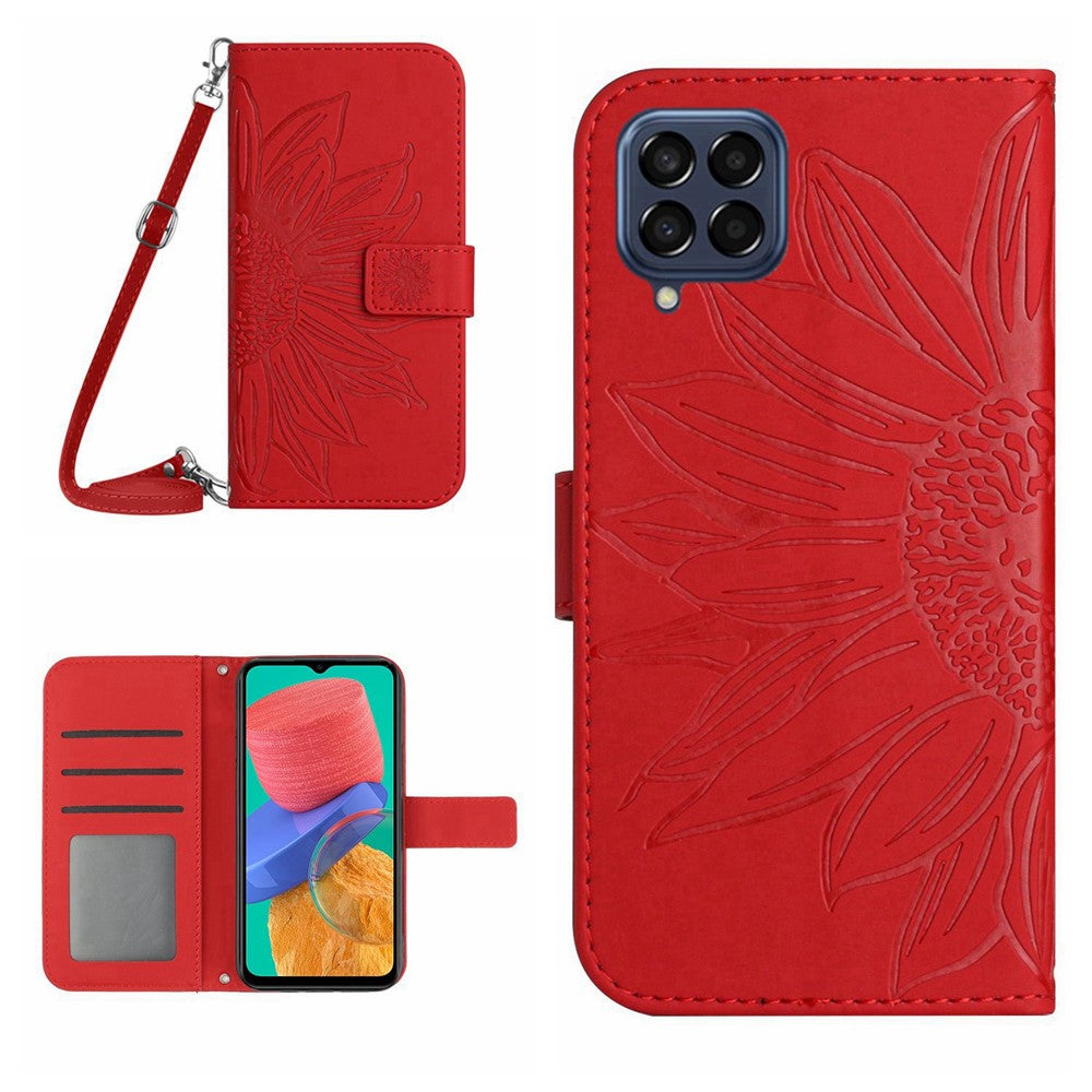 For Samsung Galaxy M33 5G (Global Version) HT04 Skin-touch Imprinted Sunflower Phone Cover with Shoulder Strap PU Leather Protective Case Stand Wallet  - Red