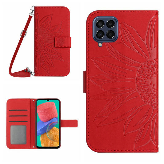 For Samsung Galaxy M33 5G (Global Version) HT04 Skin-touch Imprinted Sunflower Phone Cover with Shoulder Strap PU Leather Protective Case Stand Wallet  - Red