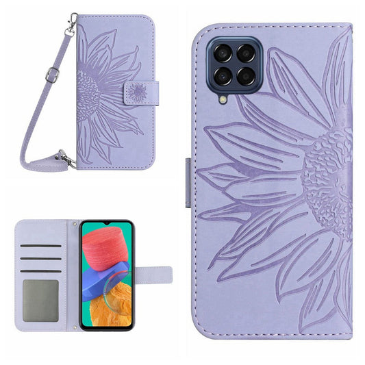 For Samsung Galaxy M33 5G (Global Version) HT04 Skin-touch Imprinted Sunflower Phone Cover with Shoulder Strap PU Leather Protective Case Stand Wallet  - Light Purple
