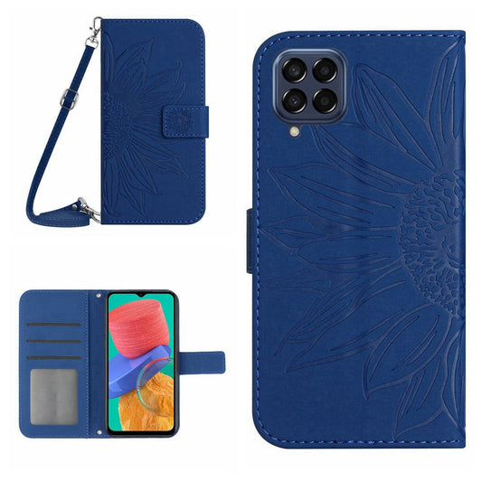 For Samsung Galaxy M33 5G (Global Version) HT04 Skin-touch Imprinted Sunflower Phone Cover with Shoulder Strap PU Leather Protective Case Stand Wallet  - Sapphire