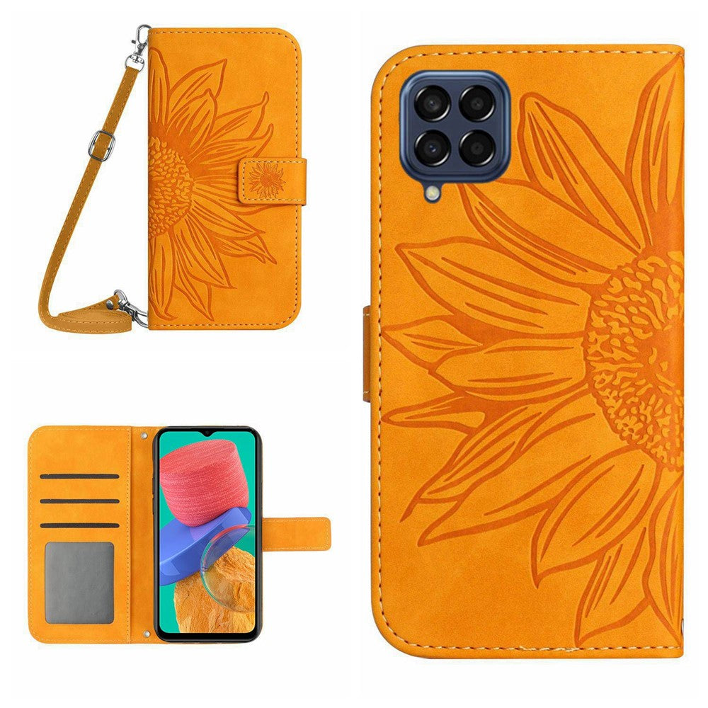 For Samsung Galaxy M33 5G (Global Version) HT04 Skin-touch Imprinted Sunflower Phone Cover with Shoulder Strap PU Leather Protective Case Stand Wallet  - Yellow