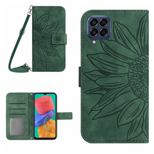 For Samsung Galaxy M33 5G (Global Version) HT04 Skin-touch Imprinted Sunflower Phone Cover with Shoulder Strap PU Leather Protective Case Stand Wallet  - Dark Green